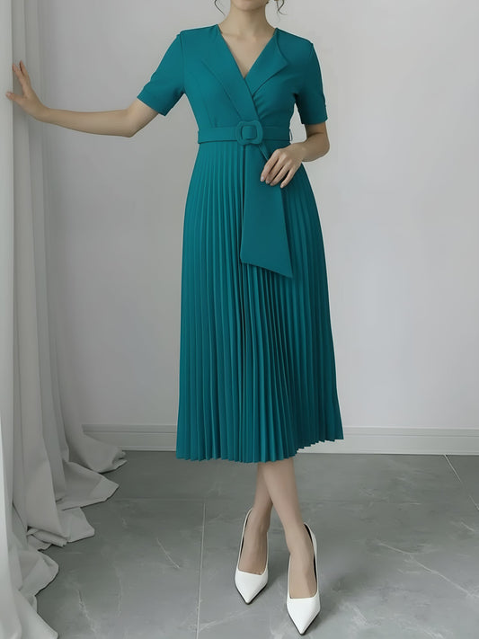 Lapel Belted Solid Color Pleated Midi Work Dress