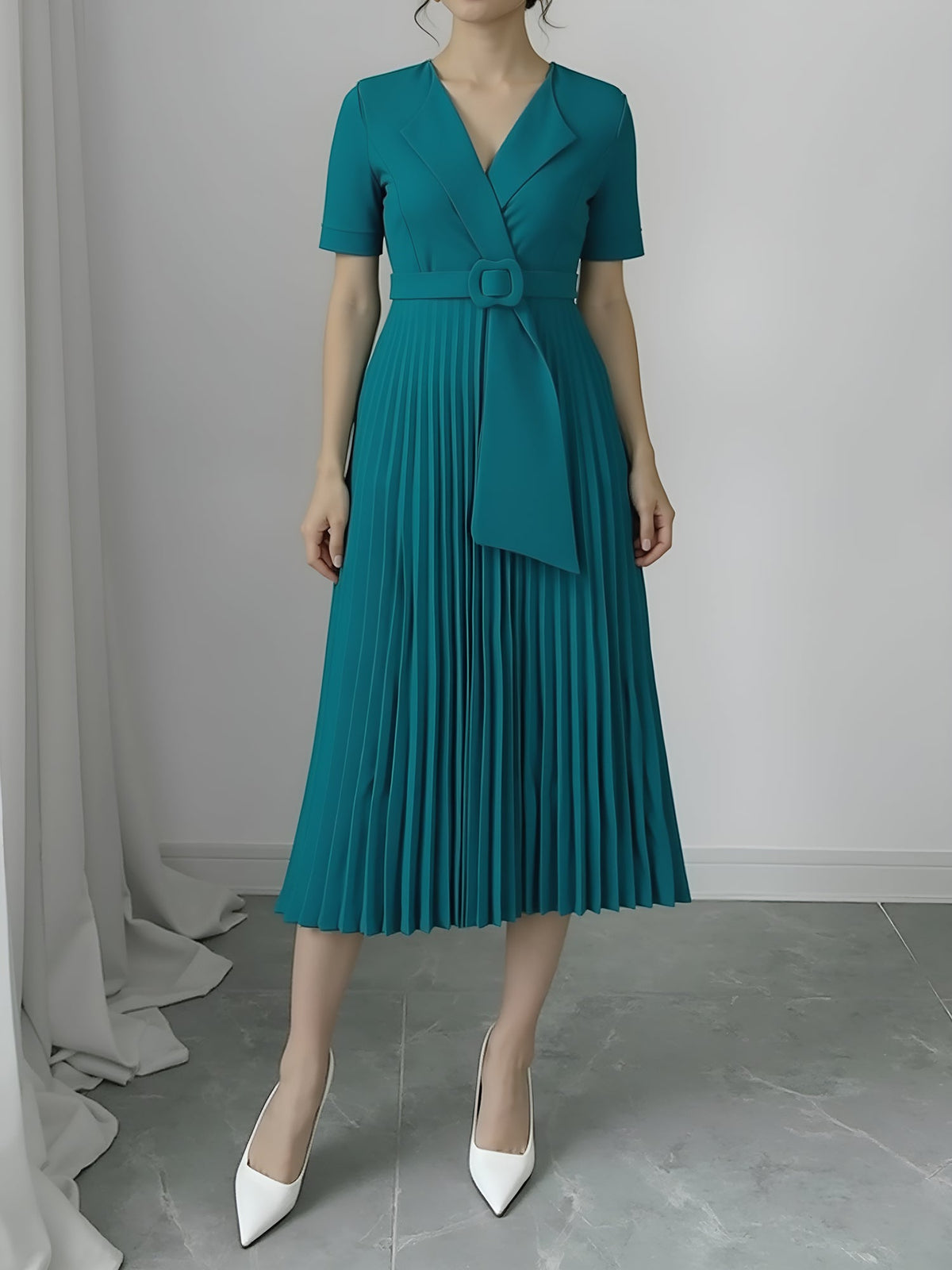 Lapel Belted Solid Color Pleated Midi Work Dress