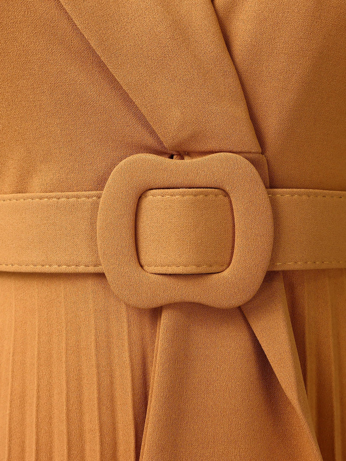 Lapel Belted Solid Color Pleated Midi Work Dress