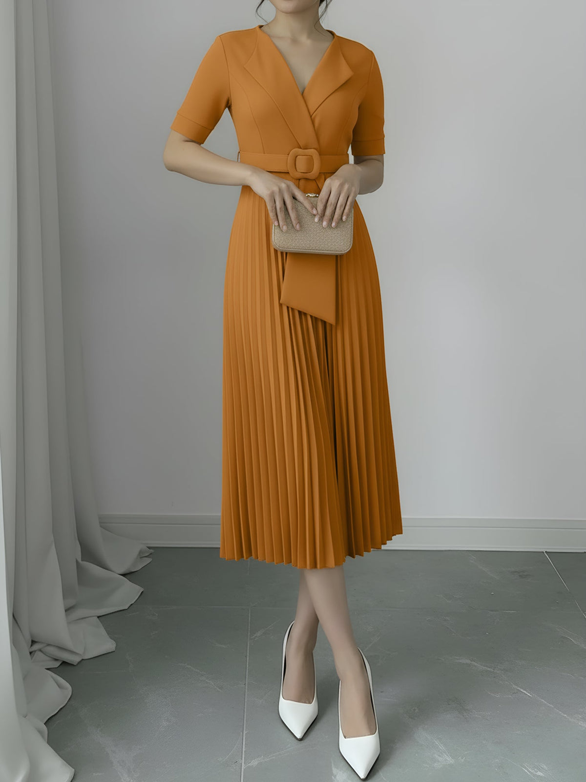 Lapel Belted Solid Color Pleated Midi Work Dress