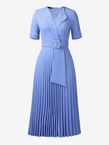 Lapel Belted Solid Color Pleated Midi Work Dress