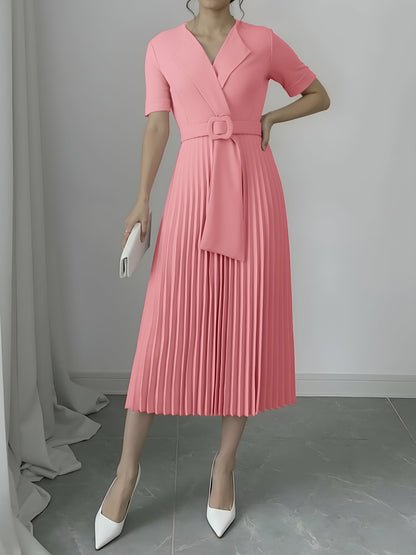 Lapel Belted Solid Color Pleated Midi Work Dress