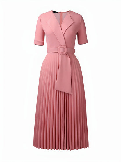 Lapel Belted Solid Color Pleated Midi Work Dress