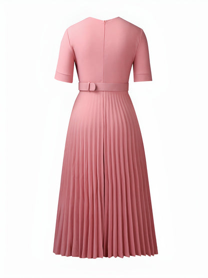 Lapel Belted Solid Color Pleated Midi Work Dress