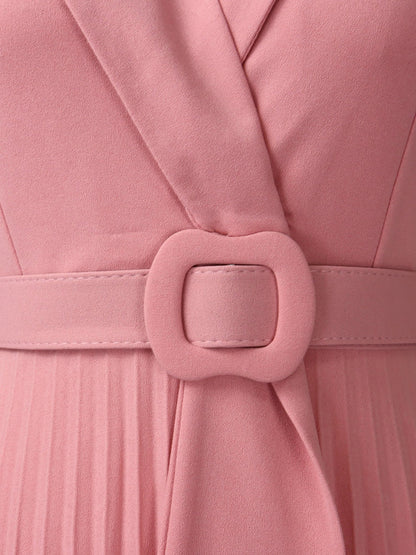Lapel Belted Solid Color Pleated Midi Work Dress