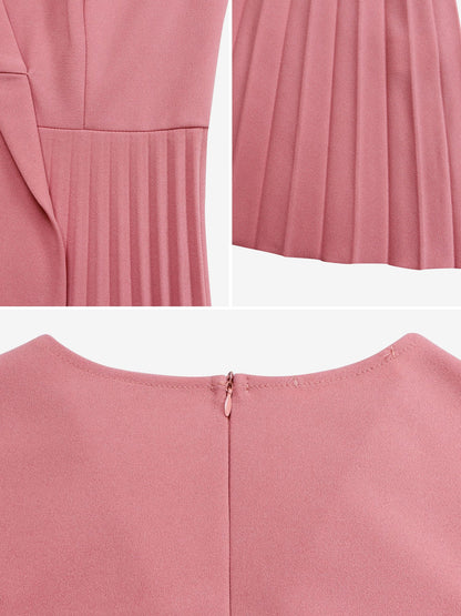 Lapel Belted Solid Color Pleated Midi Work Dress