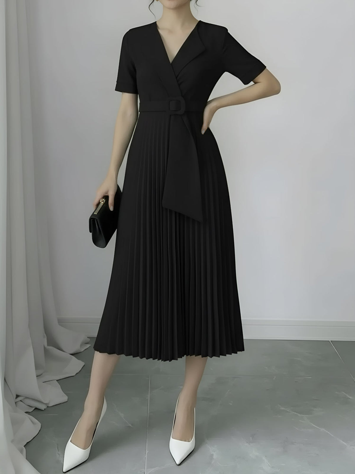 Lapel Belted Solid Color Pleated Midi Work Dress