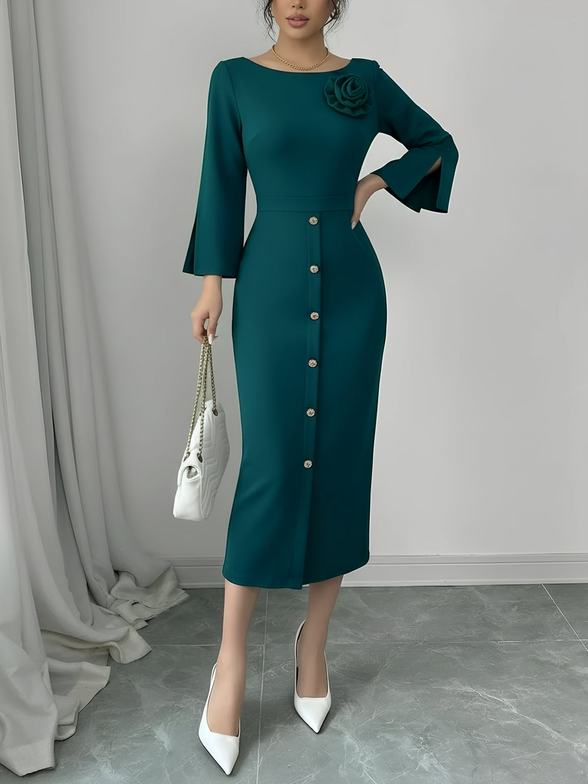 3/4 Slit Sleeves Round Neck Midi Sheath Dress
