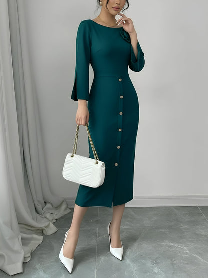 3/4 Slit Sleeves Round Neck Midi Sheath Dress