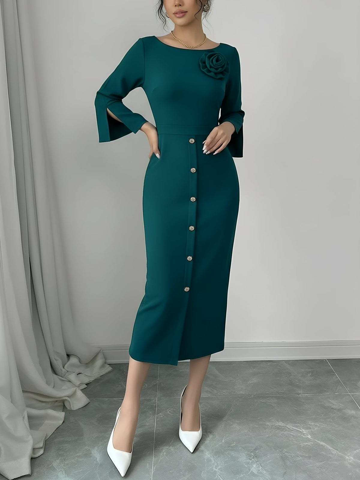 3/4 Slit Sleeves Round Neck Midi Sheath Dress