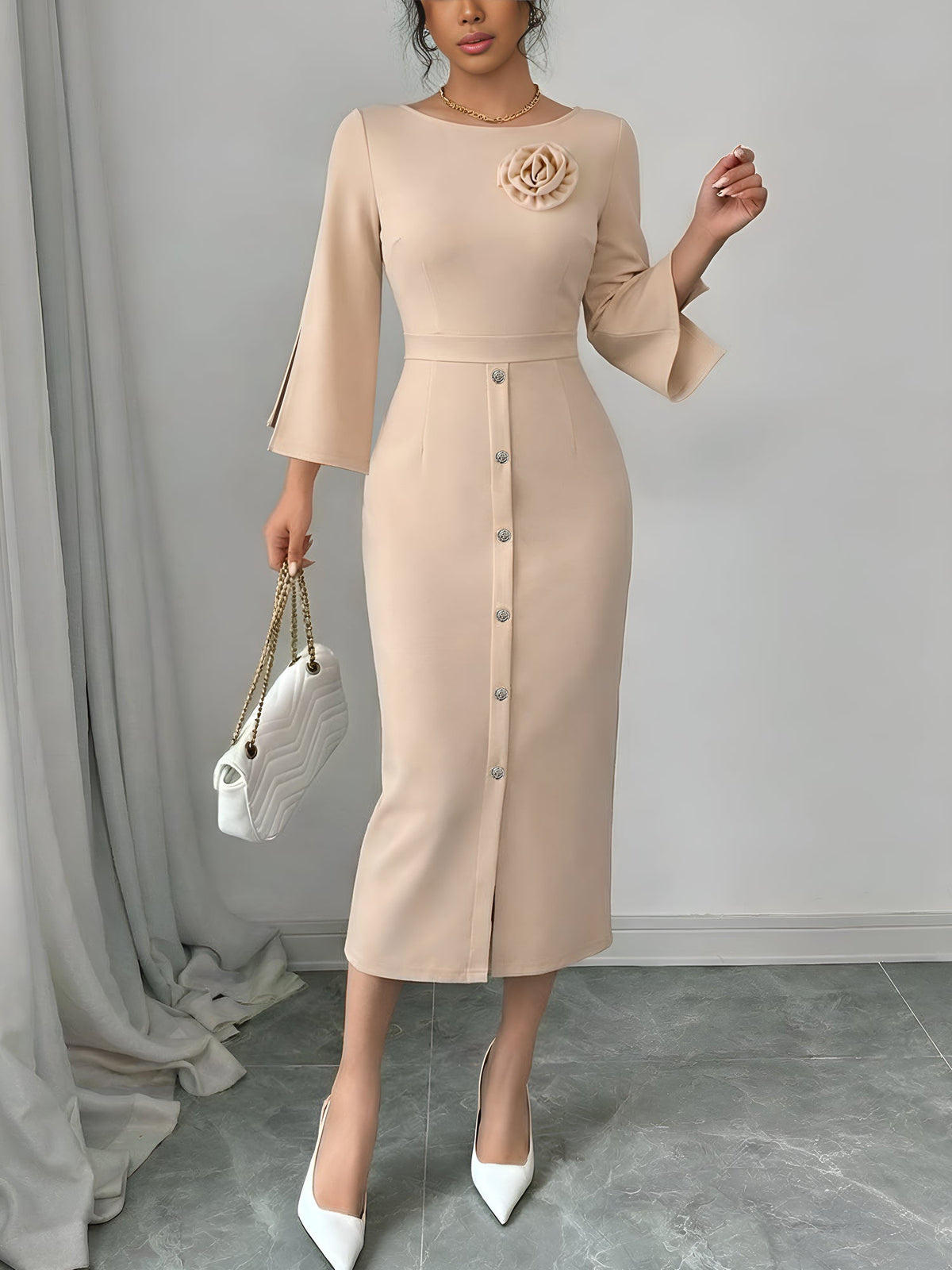 3/4 Slit Sleeves Round Neck Midi Sheath Dress