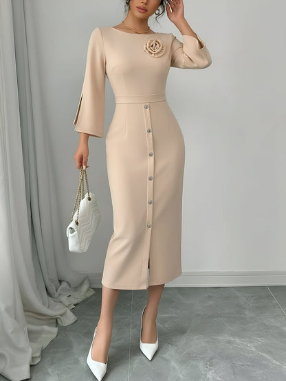 3/4 Slit Sleeves Round Neck Midi Sheath Dress