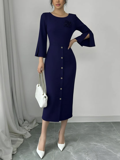 3/4 Slit Sleeves Round Neck Midi Sheath Dress