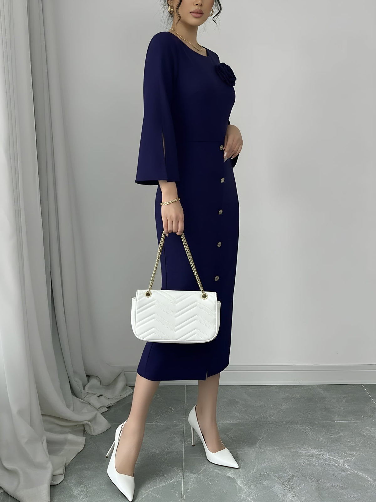 3/4 Slit Sleeves Round Neck Midi Sheath Dress