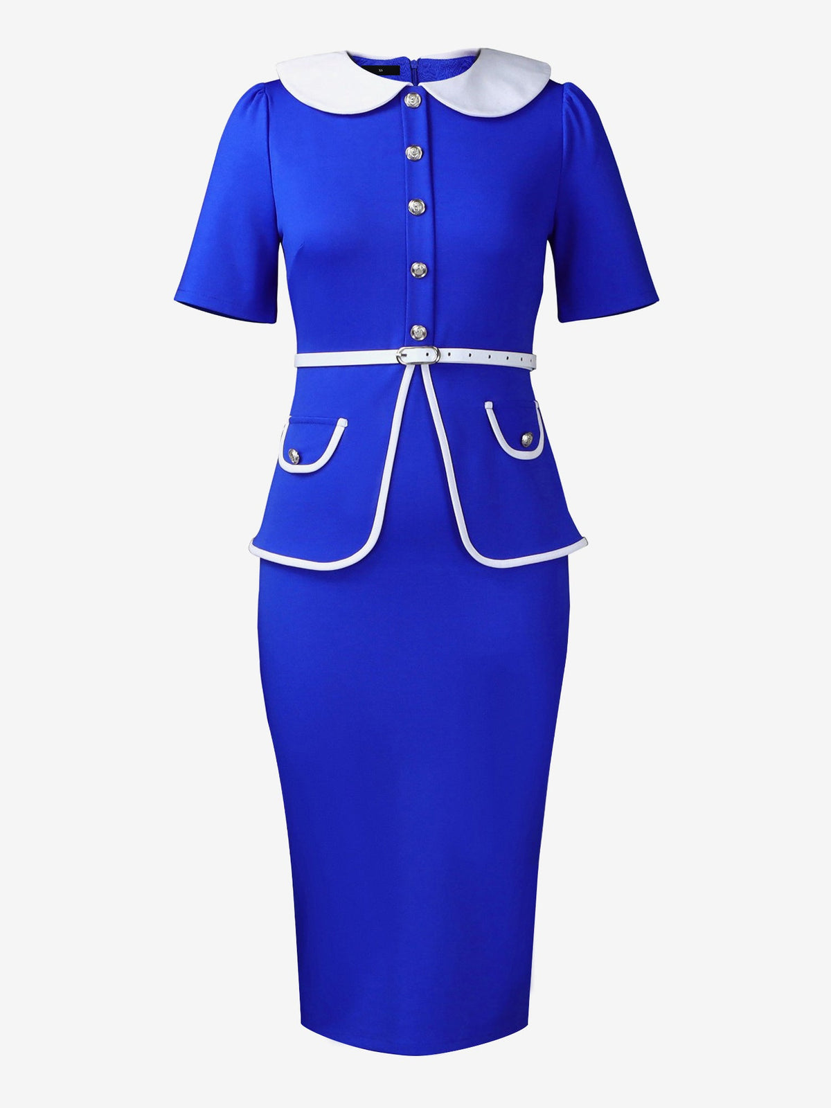 Peter Pan Collar Colorblock Belted Midi Sheath Dress