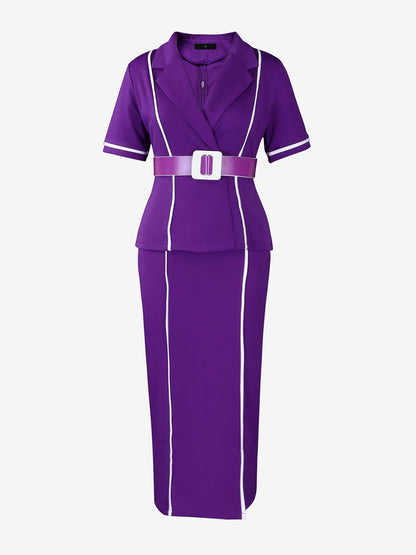 Notched Lapel Colorblock Belted Midi Sheath Dress