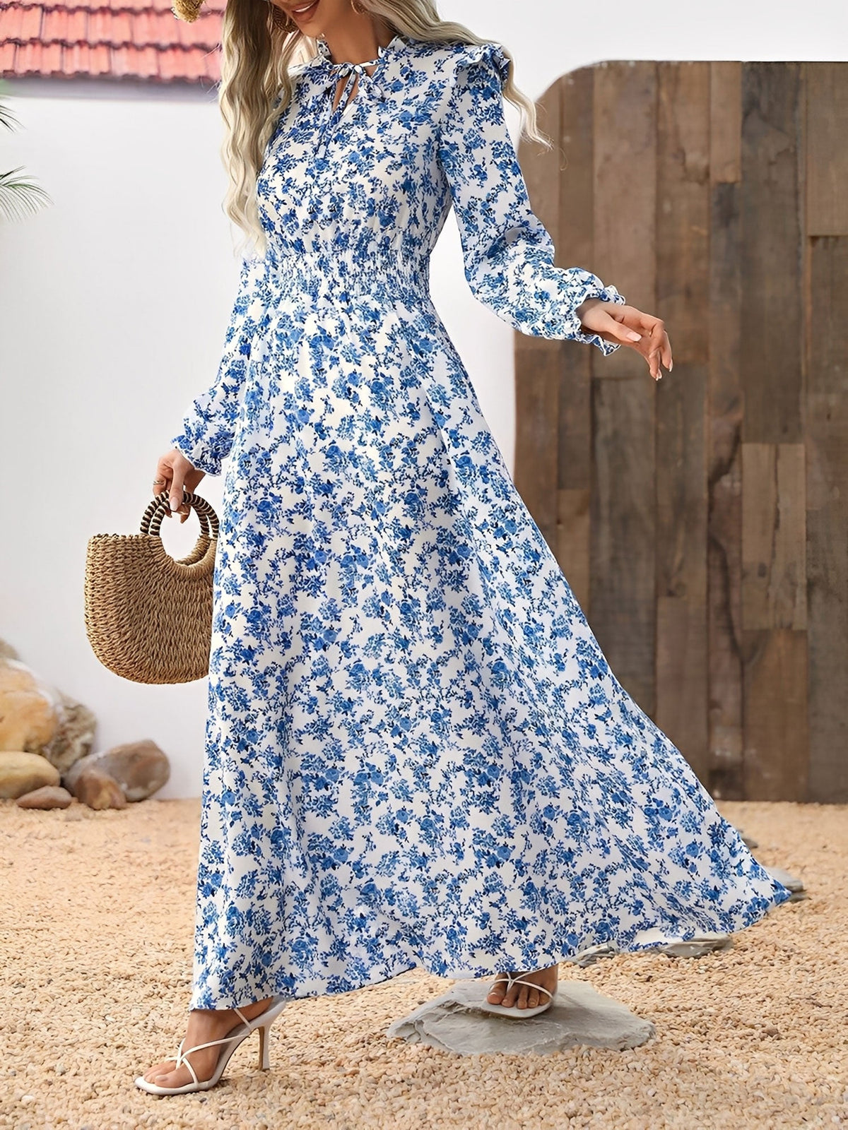Printed Ruffled Long Sleeve Smocked Maxi Dress
