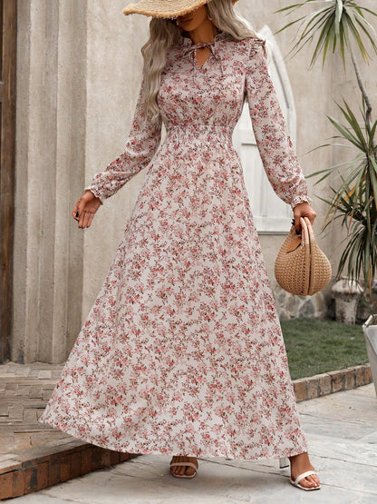 Printed Ruffled Long Sleeve Smocked Maxi Dress