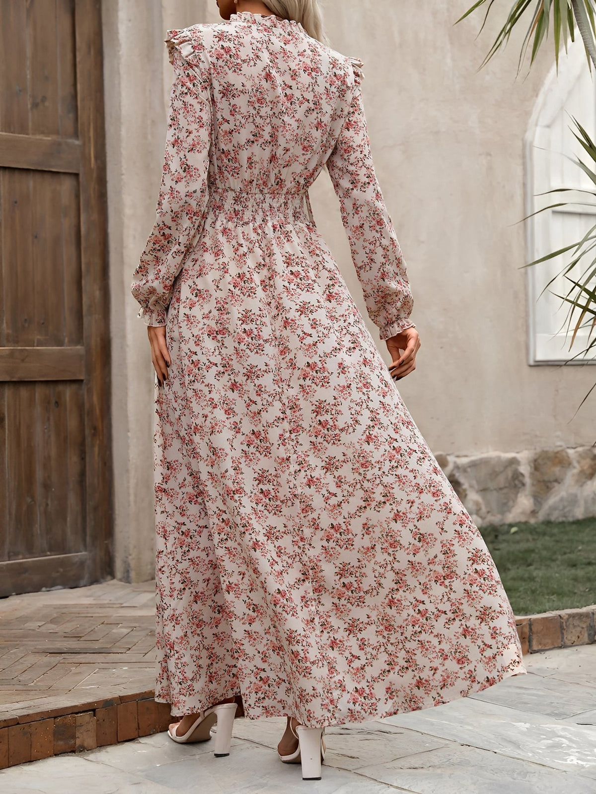 Printed Ruffled Long Sleeve Smocked Maxi Dress