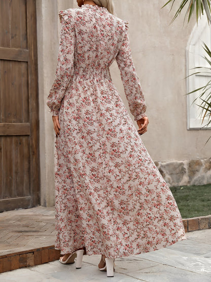 Printed Ruffled Long Sleeve Smocked Maxi Dress