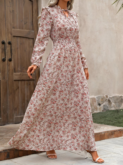 Printed Ruffled Long Sleeve Smocked Maxi Dress