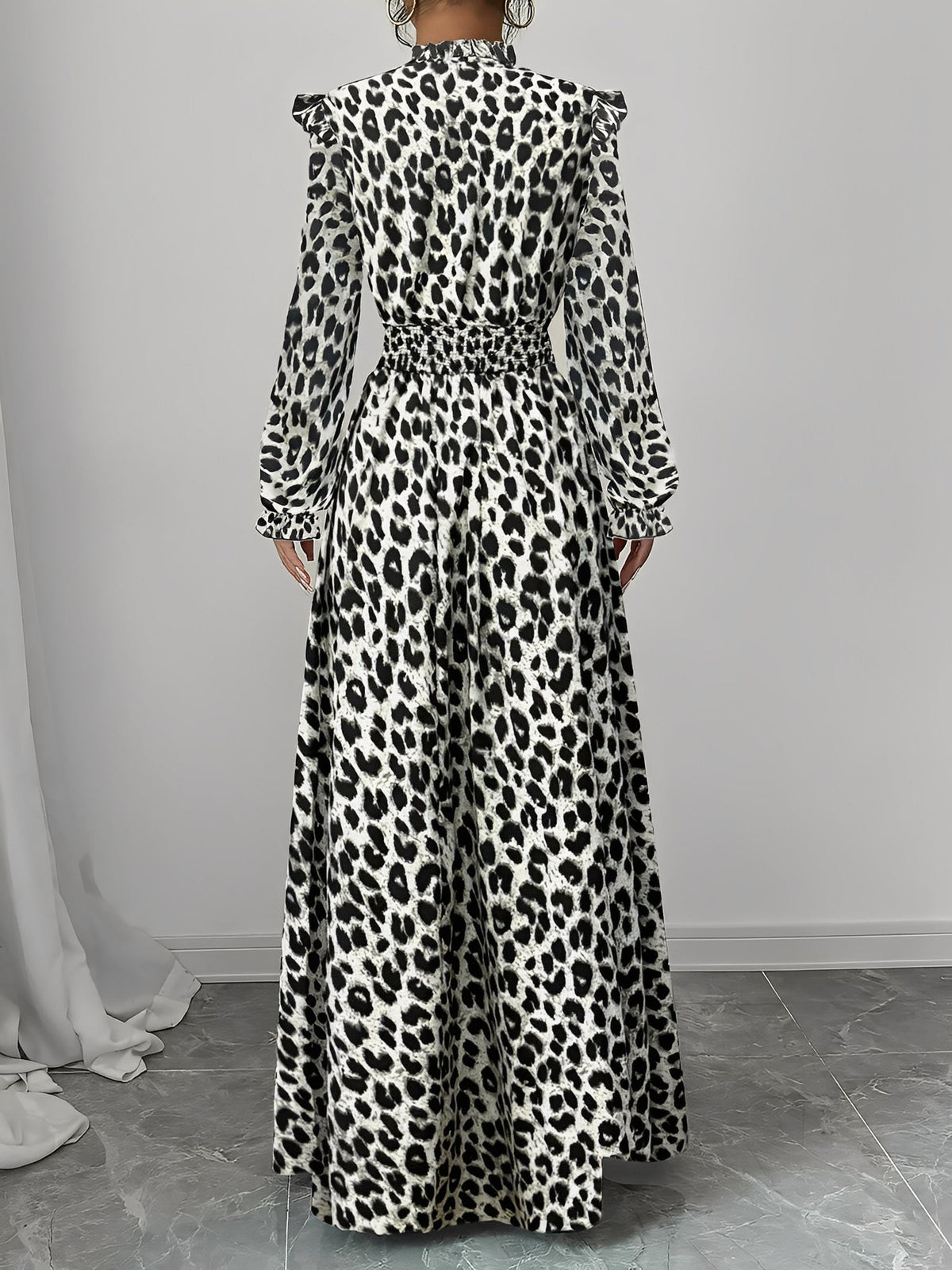 Printed Ruffled Long Sleeve Smocked Maxi Dress