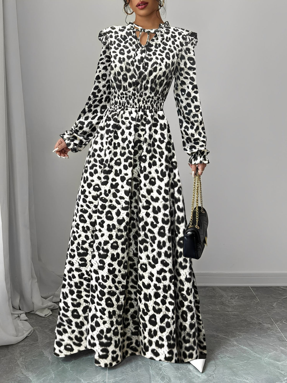 Printed Ruffled Long Sleeve Smocked Maxi Dress