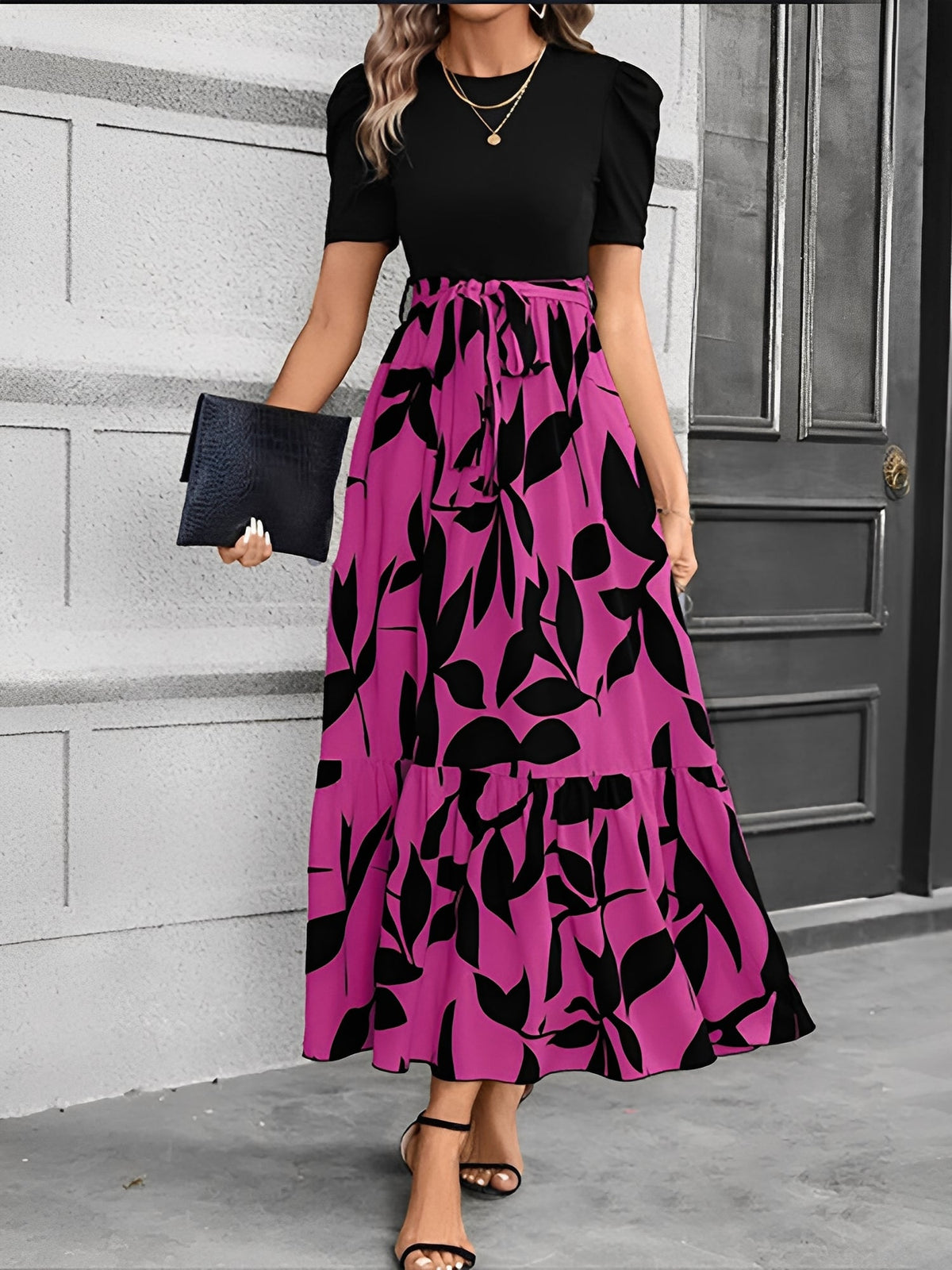 Printed Patchwork Tie Waist Maxi A-Line Dress