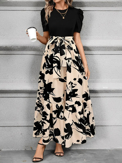 Printed Patchwork Tie Waist Maxi A-Line Dress
