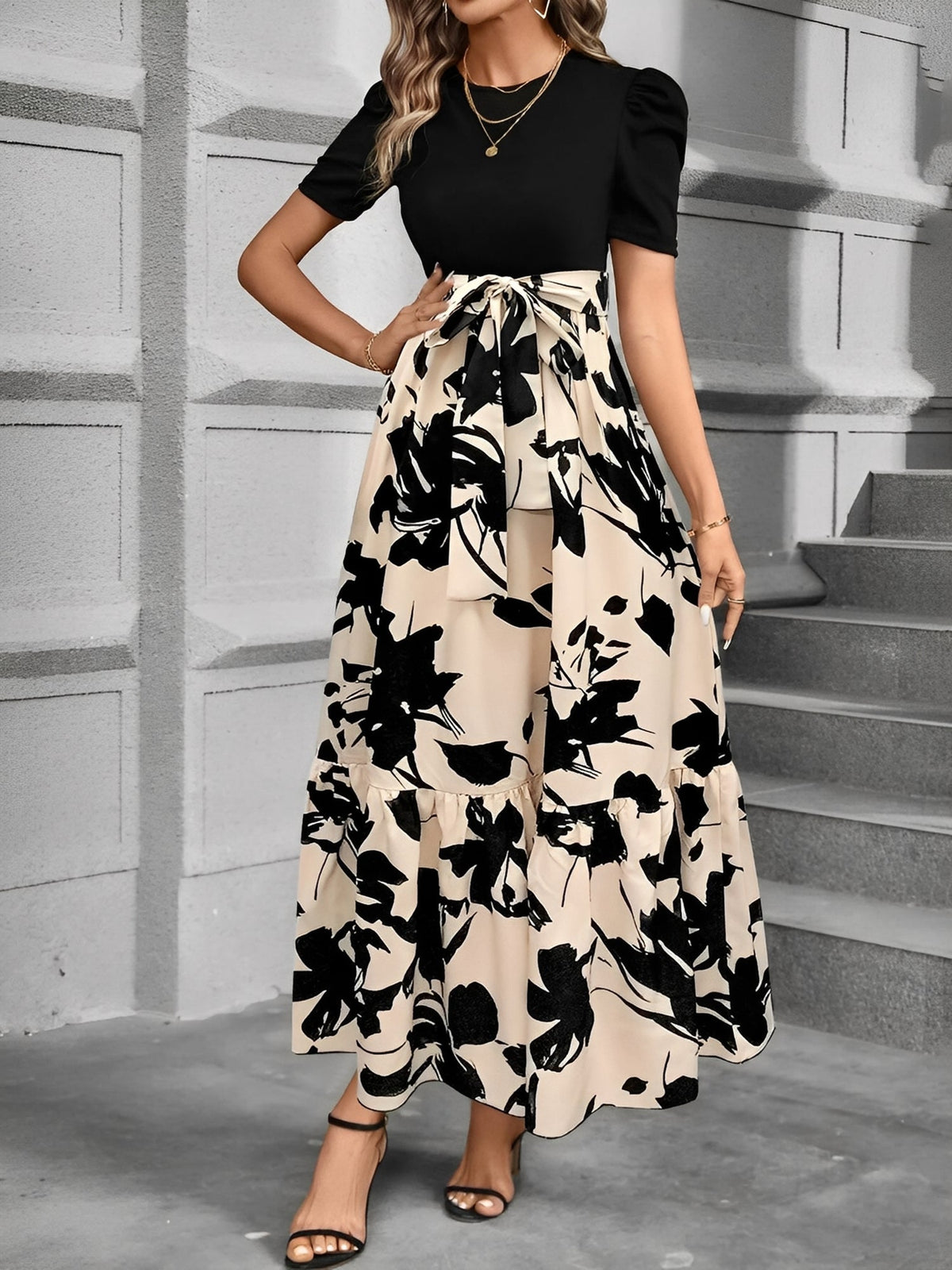 Printed Patchwork Tie Waist Maxi A-Line Dress