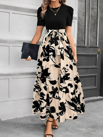 Printed Patchwork Tie Waist Maxi A-Line Dress