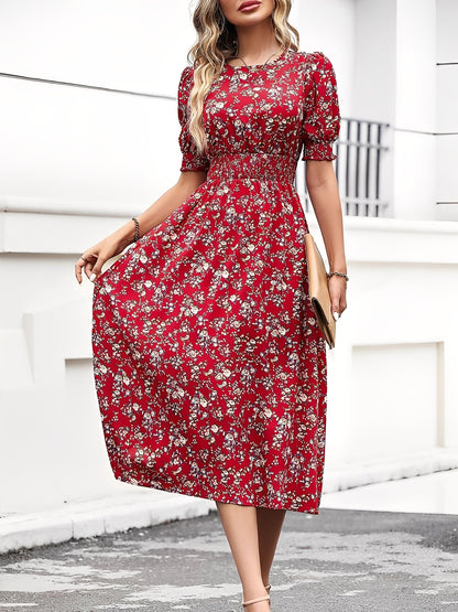 Floral Puff Sleeves Smocked Waist A-Line Midi Dress