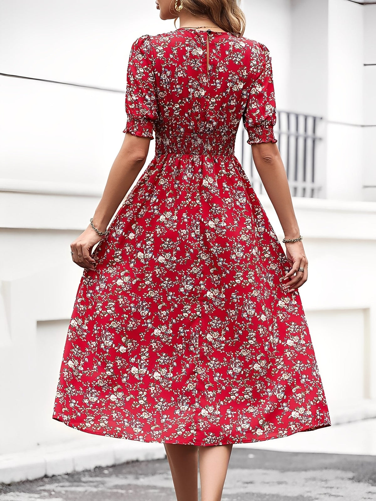 Floral Puff Sleeves Smocked Waist A-Line Midi Dress