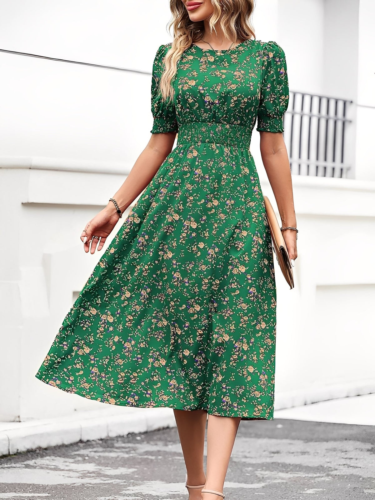 Floral Puff Sleeves Smocked Waist A-Line Midi Dress