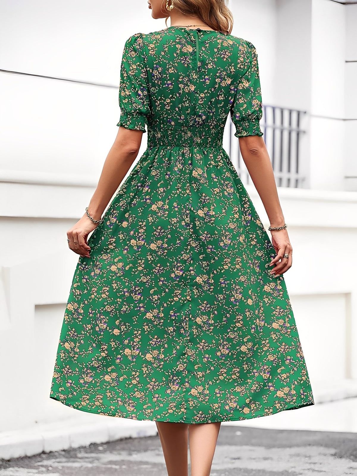 Floral Puff Sleeves Smocked Waist A-Line Midi Dress