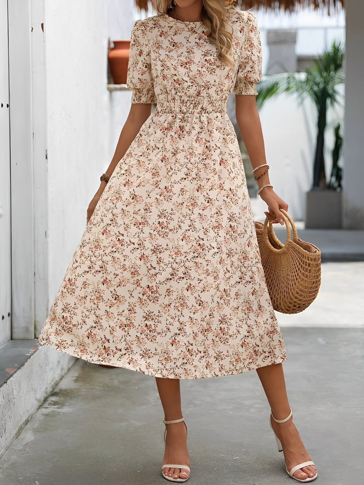 Floral Puff Sleeves Smocked Waist A-Line Midi Dress