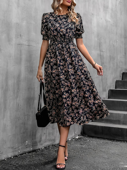 Floral Puff Sleeves Smocked Waist A-Line Midi Dress