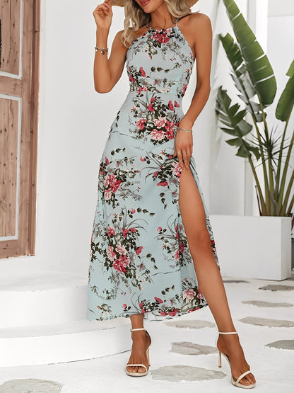 Vacation Floral Print Sleeveless Side Slit Maxi Dress