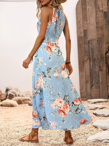 Vacation Floral Print Sleeveless Side Slit Maxi Dress