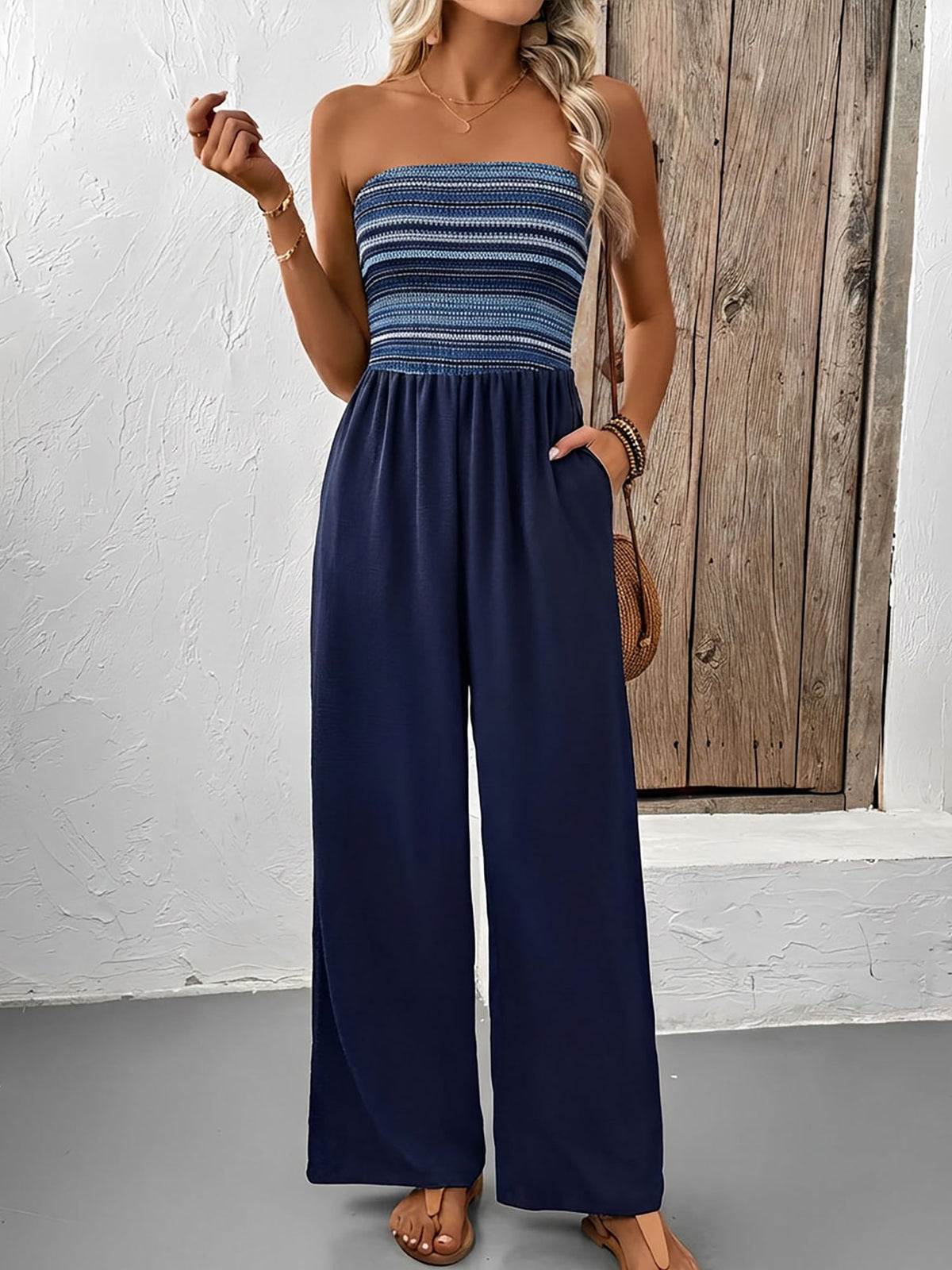 Boho Embroidered Striped Strapless Backless Jumpsuits