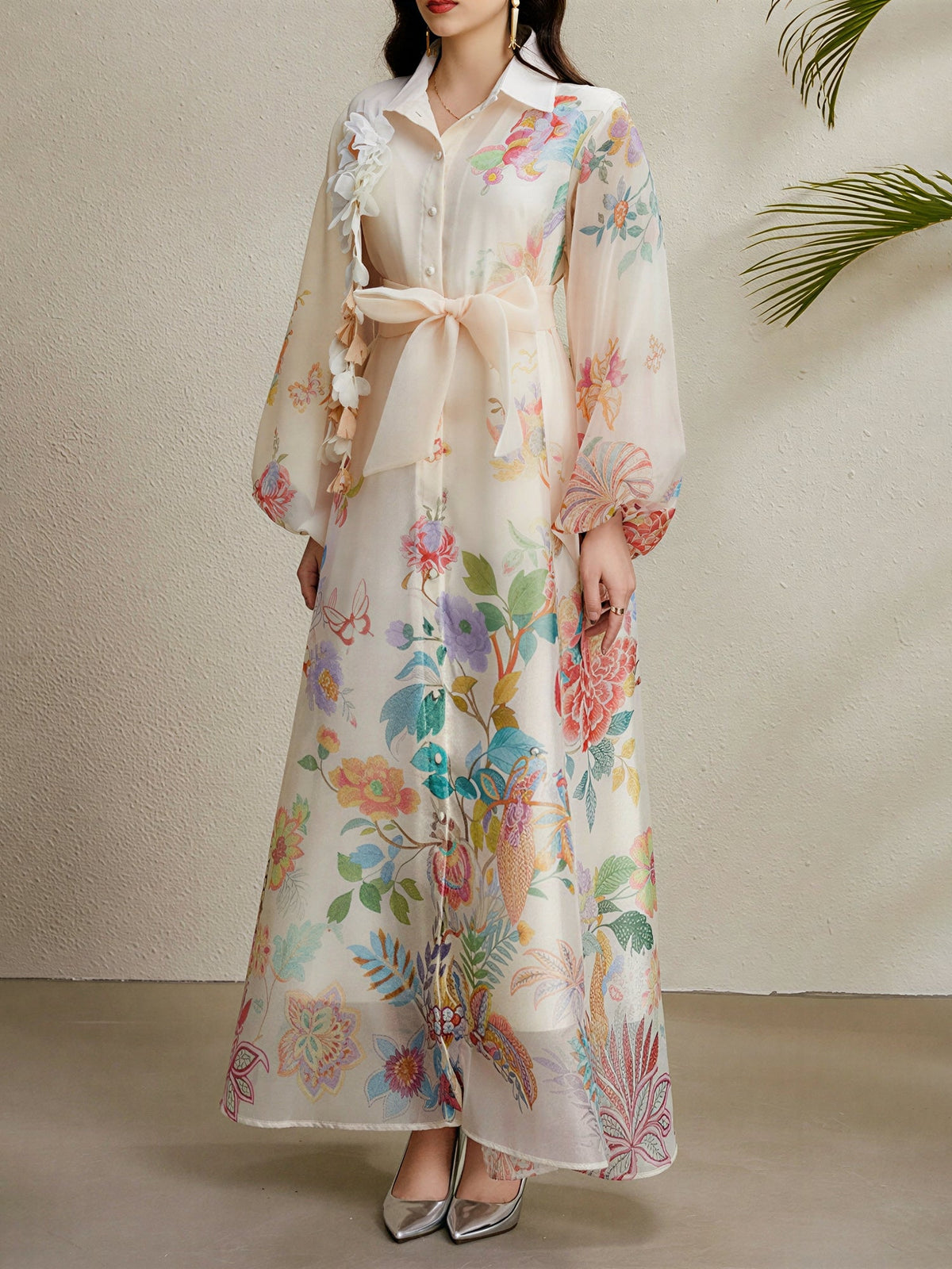 Detachale 3D Flower Lantern Sleeves Floral Print Maxi Dress