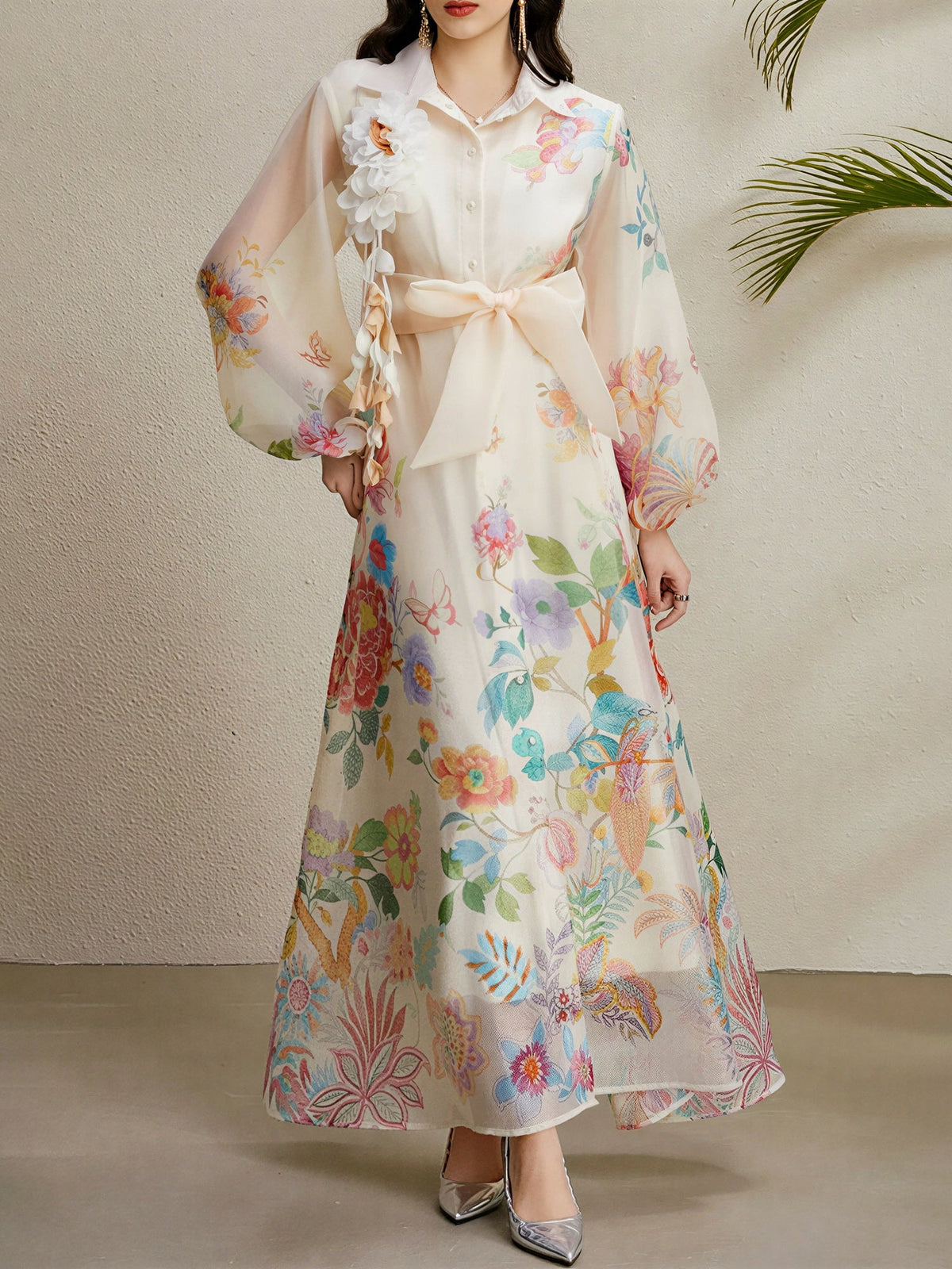 Detachale 3D Flower Lantern Sleeves Floral Print Maxi Dress