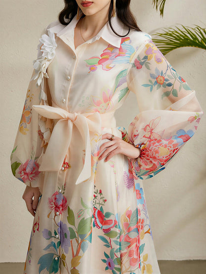 Detachale 3D Flower Lantern Sleeves Floral Print Maxi Dress