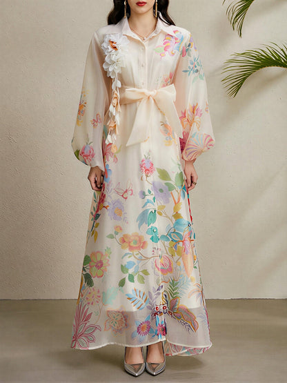 Detachale 3D Flower Lantern Sleeves Floral Print Maxi Dress