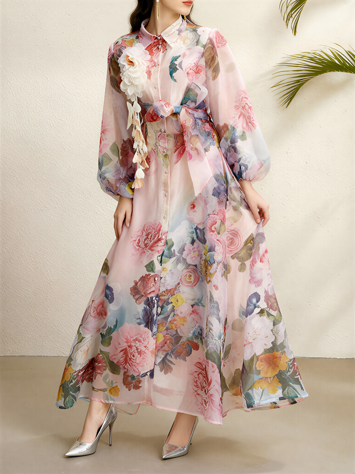 Detachale 3D Flower Lantern Sleeves Floral Print Maxi Dress