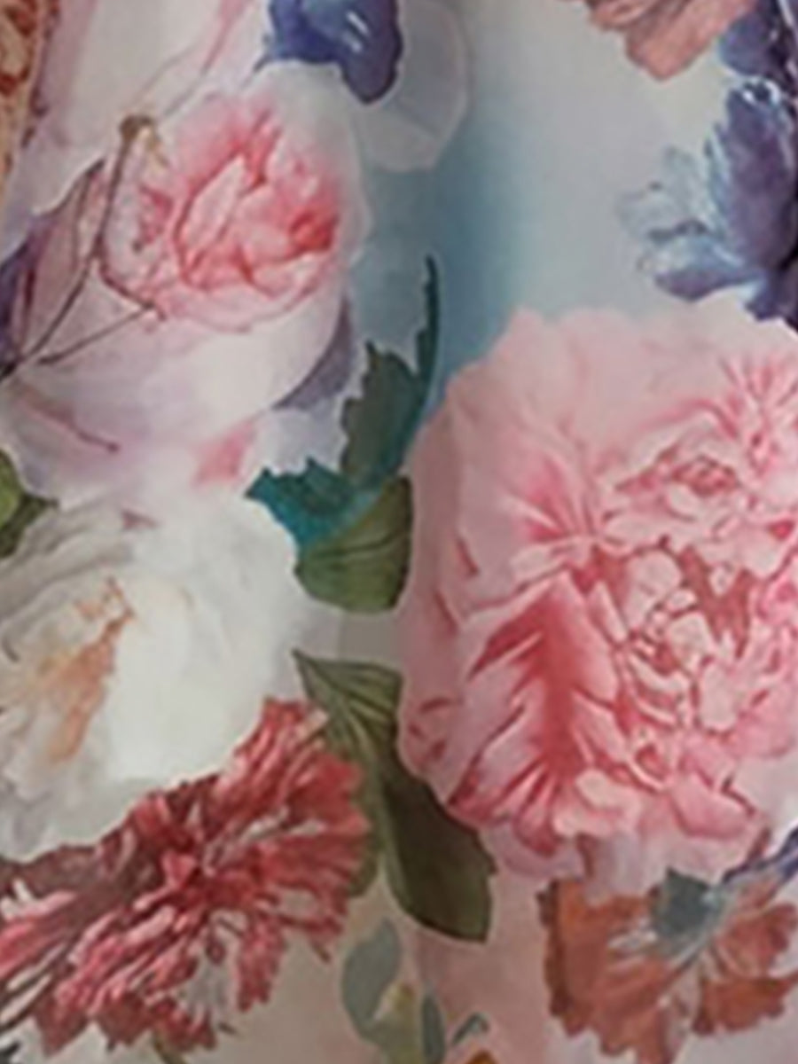 Detachale 3D Flower Lantern Sleeves Floral Print Maxi Dress