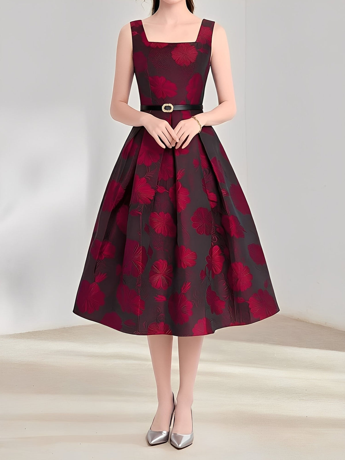 Floral Jacquard Sleeveless A-Line Belted Midi Dress