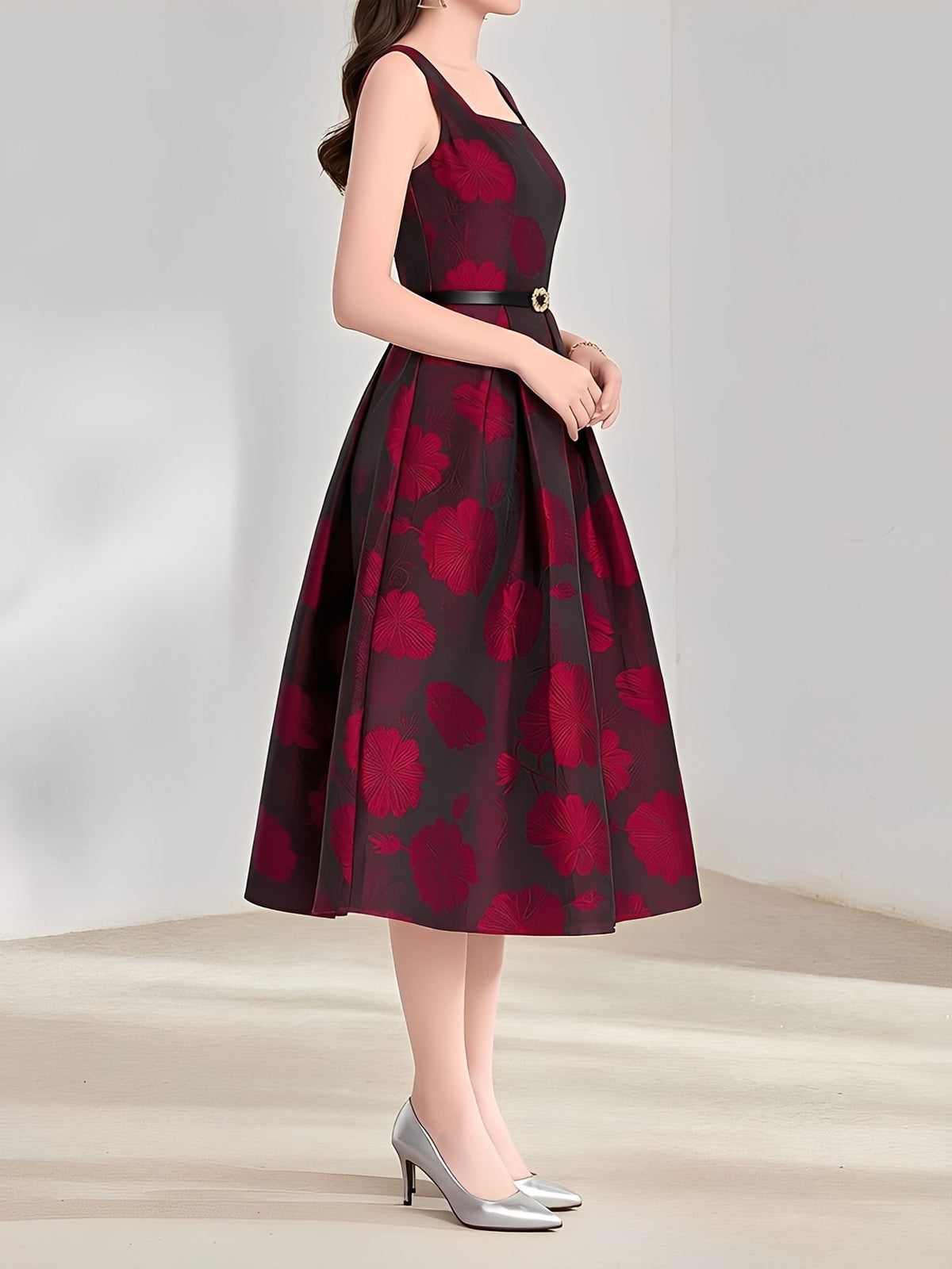 Floral Jacquard Sleeveless A-Line Belted Midi Dress