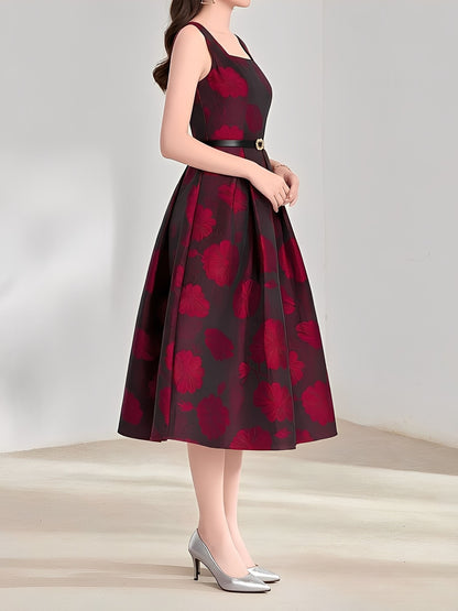 Floral Jacquard Sleeveless A-Line Belted Midi Dress