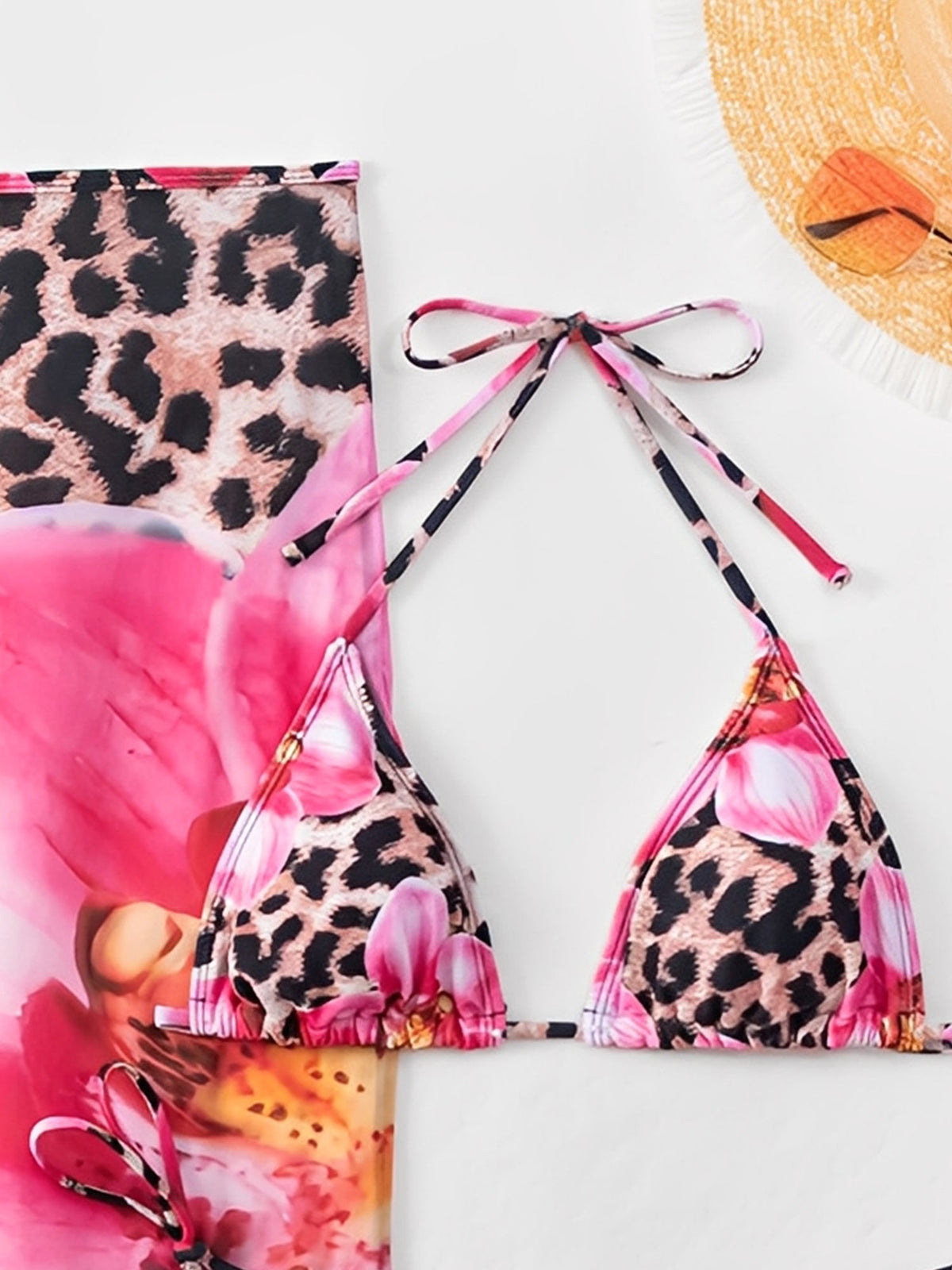 3 Pieces Floral Leopard Halter Neck Bikinis & Maxi Bodycon Skirt Cover-Up Beachwear Set